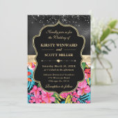 ブラックゴールドトロピカルプレッピー フラワーズ ウェディング 招待状 (スタンド正面)