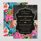 ブラックゴールドトロピカルプレッピー フラワーズ ウェディング 招待状 (正面/裏面)