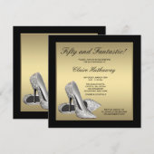ブラックゴールドハイヒール 女性の50歳の誕生日 招待状 (正面/裏面)
