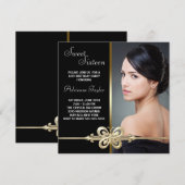 ブラックゴールドバタフライ写真スイート16誕生日 招待状 (正面/裏面)
