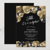 ブラックゴールドバルーンサプライズ40歳の誕生日 招待状 (正面/裏面)