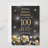 ブラックゴールドバルーン写真 100歳の誕生日パーティー 招待状 (正面)