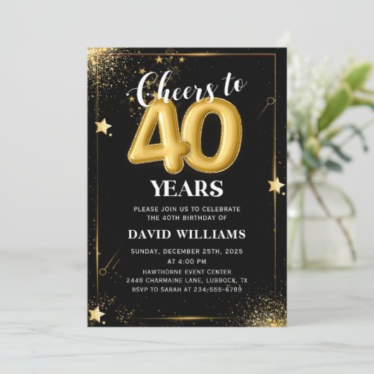 ブラックゴールドバルーン 40歳誕生日パーティー招待状 招待状 (スタンド正面)