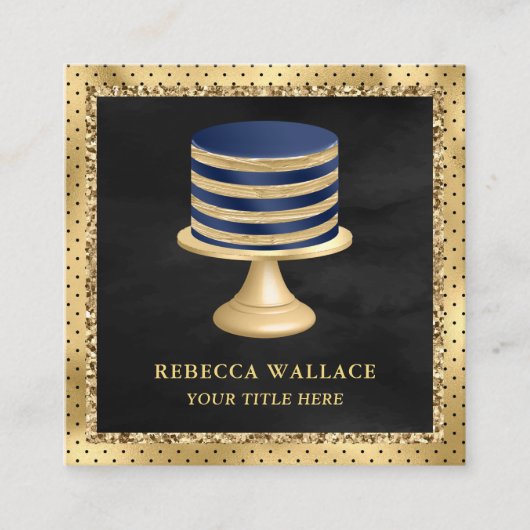ブラックゴールドフォイルカスタムネービーブルーケーキベーカリー スクエア名刺 (正面)