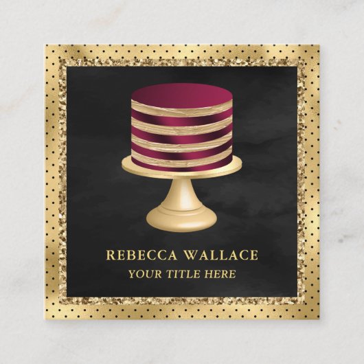 ブラックゴールドフォイルカスタムブルグンディケーキベーカリー スクエア名刺 (正面)