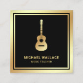 ブラックゴールドフォイルギターミュージック先生ギタリスト スクエア名刺 (正面)