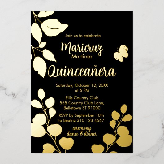 ブラックゴールドフォイルボタニカルキンセアニラ招待状 箔シーズンカード (正面)