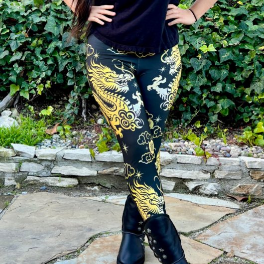 ブラックゴールドフォイル中国のドラゴン旧正月はっきりした レギンス