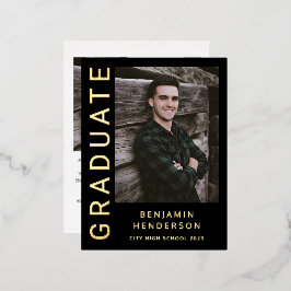 ブラックゴールドフォイル少年の卒業発表 箔招待状ポストカード