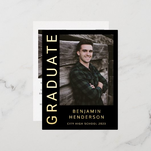 ブラックゴールドフォイル少年の卒業発表 箔招待状ポストカード (正面/裏面)