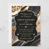 ブラックゴールドマーブルグリッターエレガントウェディング 招待状 (正面)