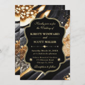 ブラックゴールドマーブルグリッターエレガントウェディング 招待状 (正面/裏面)