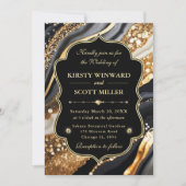 ブラックゴールドマーブルグリッターエレガントウェディング 招待状 (正面)
