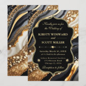 ブラックゴールドマーブルグリッターエレガントウェディング 招待状 (正面/裏面)