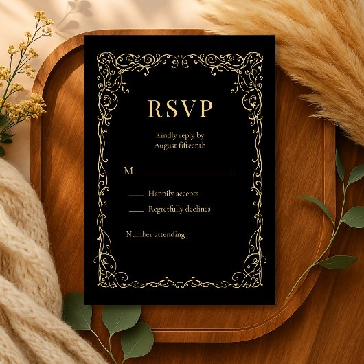ブラックゴールドミニマリスト結婚式RSVP 出欠カード