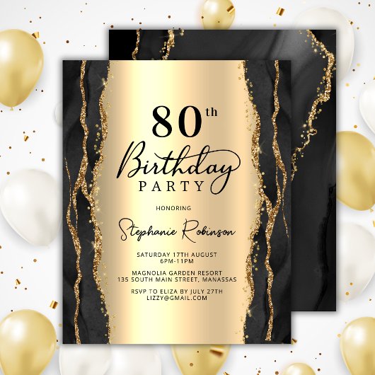 ブラックゴールドモダンな80歳の誕生日招待状