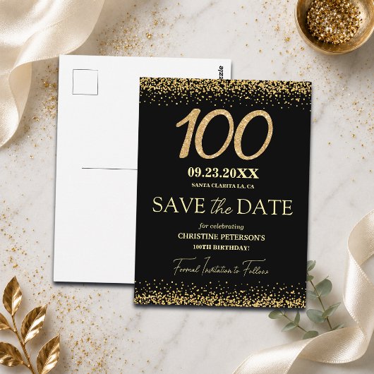 ブラックゴールドラメ 100歳の誕生日 Save the Date ポストカード