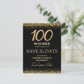 ブラックゴールドラメ 100歳の誕生日 Save the Date ポストカード (スタンド正面)