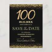 ブラックゴールドラメ 100歳の誕生日 Save the Date ポストカード (正面)