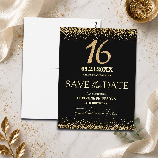 ブラックゴールドラメ 16歳の誕生日 Save the Date ポストカード