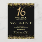 ブラックゴールドラメ 16歳の誕生日 Save the Date ポストカード (正面)