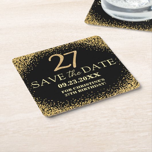 ブラックゴールドラメ 27歳の誕生日 Save the Date スクエアペーパーコースター (アングル)