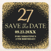 ブラックゴールドラメ 27歳の誕生日 Save the Date スクエアペーパーコースター (正面)