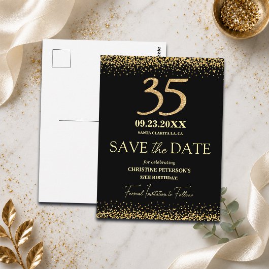 ブラックゴールドラメ 35歳の誕生日 Save the Date ポストカード