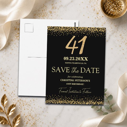 ブラックゴールドラメ 41歳の誕生日 Save the Date ポストカード
