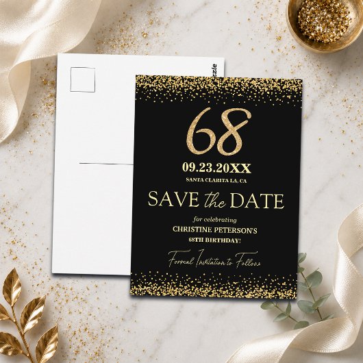 ブラックゴールドラメ 68歳の誕生日 Save the Date ポストカード