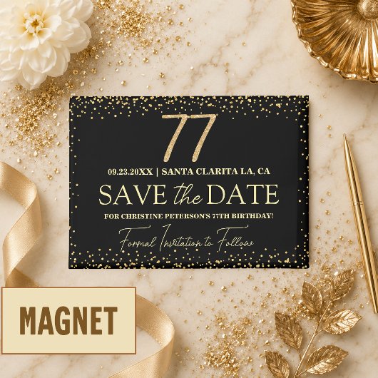 ブラックゴールドラメ 77歳の誕生日 Save the Date マグネット