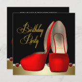 ブラックゴールドレッドハイヒール靴誕生日パーティー 招待状 (正面/裏面)