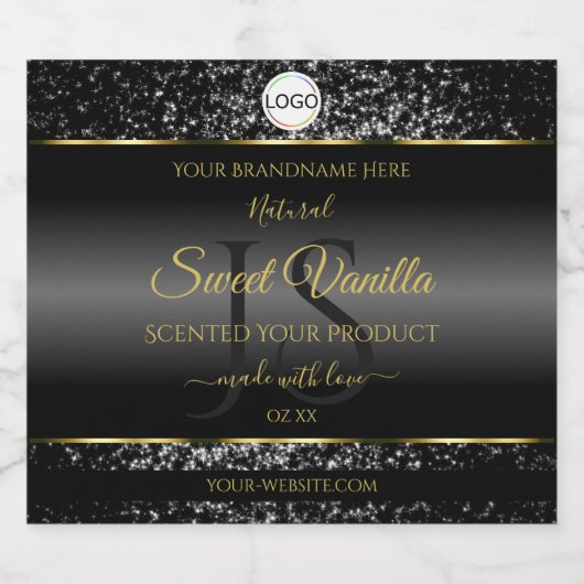 ブラックゴールドロゴイニシャルグリッター製品ラベル リキュールボトルラベル (シングルラベル)