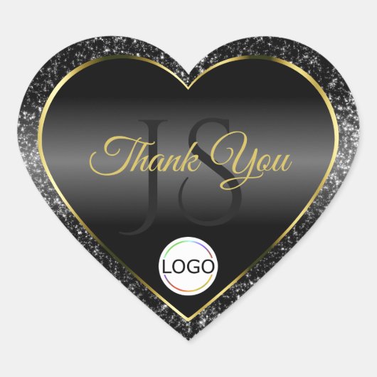 ブラックゴールドロゴイニシャル グリッター プレゼントありがとう ハートシール (正面)