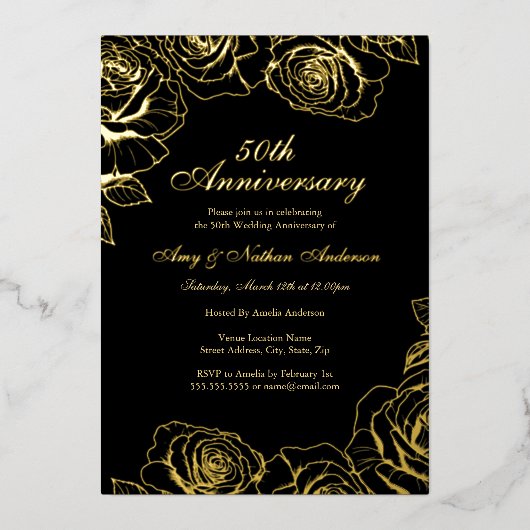 ブラックゴールドローズガーデン 50周年記念結婚記念日  箔招待状 (正面)