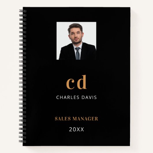 ブラックゴールド名イニシャル写真ビジネス ノートブック (正面)