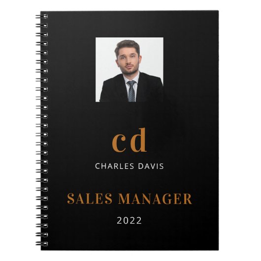 ブラックゴールド名イニシャル写真ビジネス ノートブック (正面)