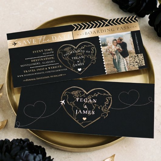 ブラックゴールド結婚式Save The Date搭乗券 招待状