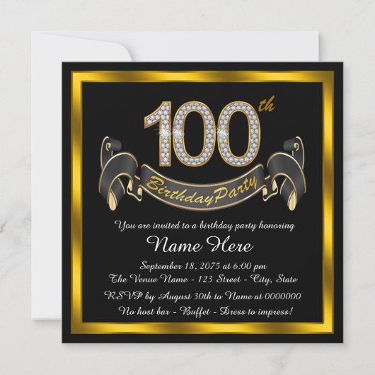 ブラックゴールド100歳の誕生日パーティー 招待状 (正面)