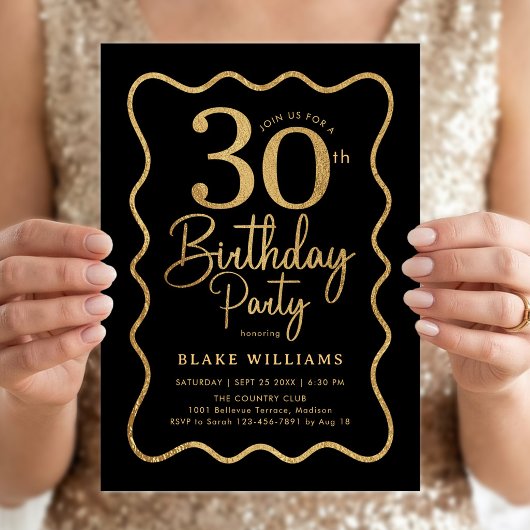 ブラックゴールド30歳の誕生日ウェーブボーダー 招待状