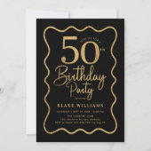 ブラックゴールド50歳の誕生日ウェーブボーダー 招待状 (正面)