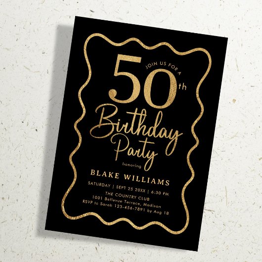 ブラックゴールド50歳の誕生日ウェーブボーダー 招待状