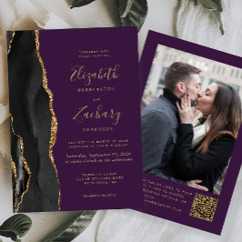 ブラックゴールド アゲート 紫 結婚式 フォト QRコード ウェディング 招待状