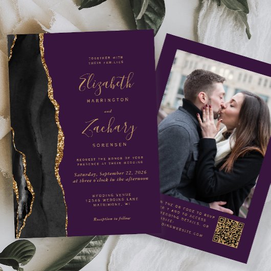 ブラックゴールド アゲート 紫 結婚式 フォト QRコード ウェディング 招待状