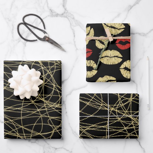 ブラックゴールド アブストラクト レッドリップ ブライダルシャワー ラッピングペーパーシート (正面)