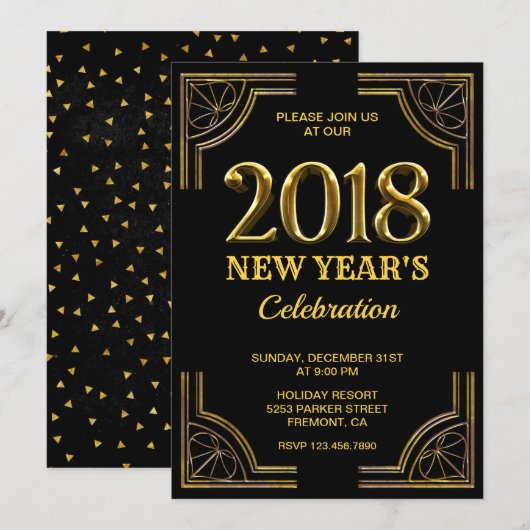 ブラックゴールド アートデコ 2018 新年のパーティー 招待状 (正面/裏面)