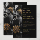 ブラックゴールド エレガント フラワー QRコード ブライダルシャワー 招待状 (正面/裏面)