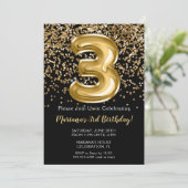 ブラックゴールド キッズガール3歳の誕生日パーティーの招待状 招待状 (スタンド正面)
