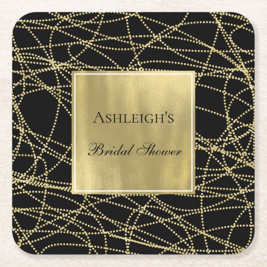 ブラックゴールド グラム アブストラクト ブライダル シャワー スクエアペーパーコースター (正面)