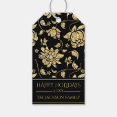 ブラックゴールド グリッター グラム フローラル ハッピー ホリデー ネーム ギフトタグ (正面)